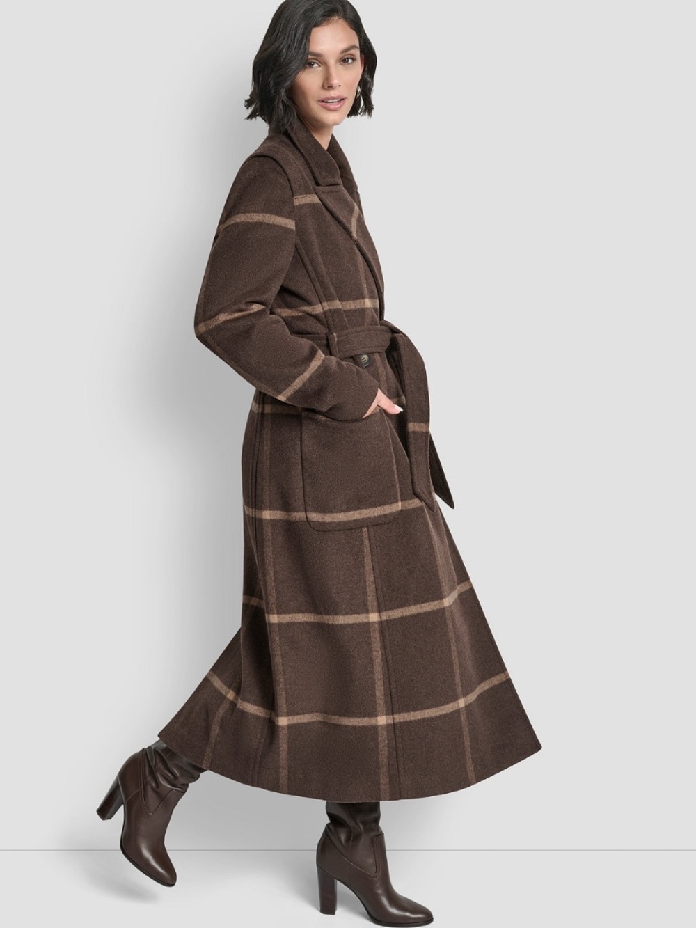 DKNYC Brown Plaid Belted notch collar  Coat
